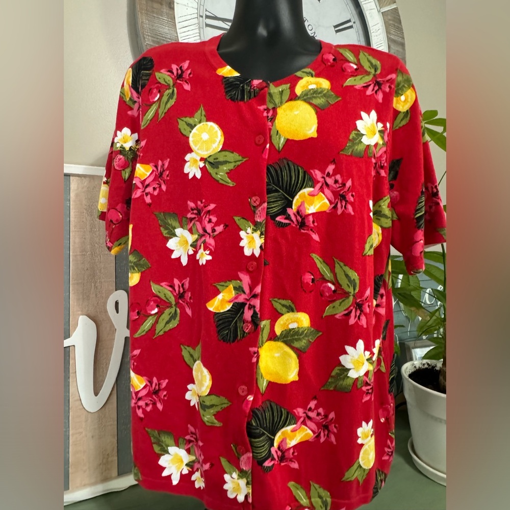 Christopher & Banks Cardigan Button Down Short Sleeves Sweater  Floral & Lemons